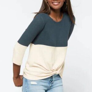 Market and Spruce Samantha Brushed Knit Two Tone Navy Cream Knotted Hem Medium